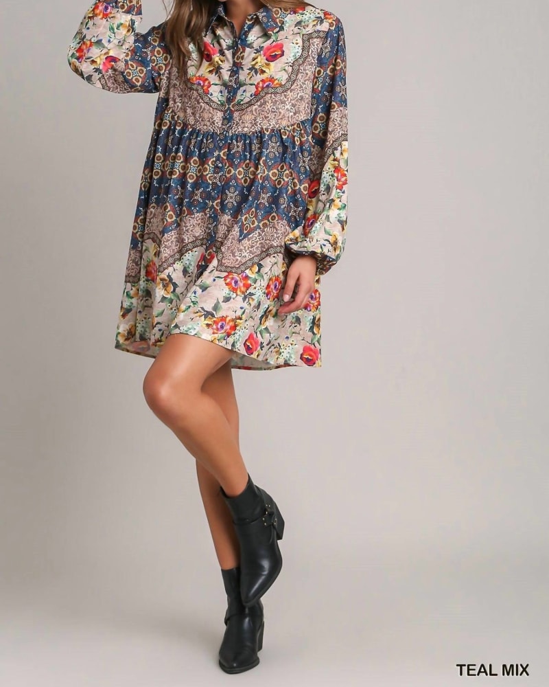 Front of a model wearing a size Large New Take Dress In Teal Mix in Teal Mix by Umgee. | dia_product_style_image_id:343838